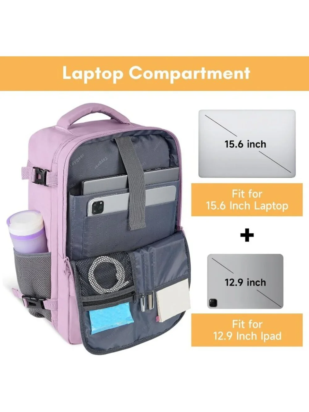 Women's Purple 15.6inch Laptop Mochila Flight Approved Daypack with Pocket